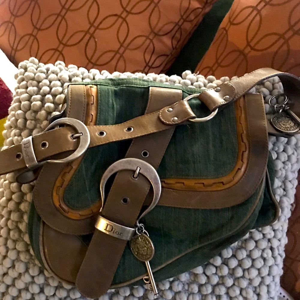 VINTAGE AUTHENTIC CHRISTIAN DIOR GREEN BROWN CANVAS LEATHER SADDLE BAG 2007